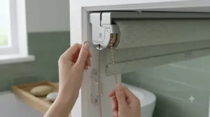 Made-to-measure waterproof roller blind perfectly fitted to a bathroom window.