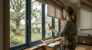 Made-to-measure neutral-coloured roller blinds perfectly fitted into a traditional Victorian terrace bay window.