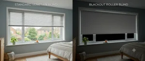 A split-screen comparison demonstrating the light-blocking performance of blackout roller blinds against standard blinds.