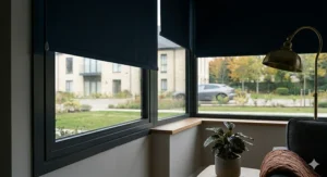 Alt text for image 5: Navy blue blackout cordless roller blinds fully lowered in a contemporary British bedroom to block morning sunlight.