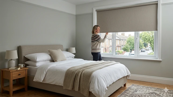 A bright, modern bedroom featuring high-quality blackout roller blinds fully drawn to block out natural light. blackout roller blinds for bedroom