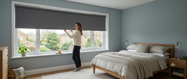 A woman installing dark grey blackout roller blinds without drilling in a modern British bedroom.