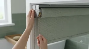 A blackout waterproof roller blind effectively blocking light in a contemporary bathroom.