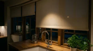 Blackout waterproof roller blinds providing privacy in a residential kitchen.