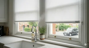 Cosy British bedroom with charcoal grey cheap blackout roller blinds fully closed to block out light.
