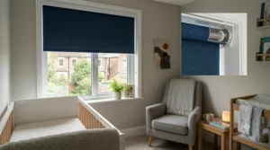 A graphic highlighting the cordless safety features of blackout blinds for a baby room.
