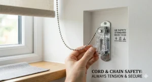 Close-up of a child safety chain tensioner installed on the wall for a made to measure roller blind system.