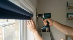 An illustration showing a parent easily installing secure blackout blinds in a nursery.