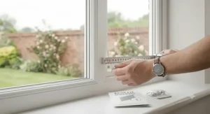 A photorealistic macro photograph of a person's hand using a metal tape measure to accurately record the inside width of a clean white uPVC window recess, next to a folded measuring guide booklet for easy-fit roller blinds.