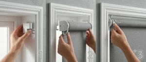 Three-step illustrated guide showing how to fit no-drill roller blinds quickly and easily.