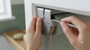 Simple demonstration of wiping clean a waterproof roller blind in a UK home.