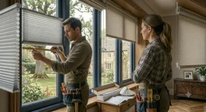 A homeowner using a smartphone app to control electric motorised roller blinds in a contemporary open-plan kitchen-diner.