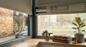 Alt text for image 9: A step-by-step illustration showing a DIYer clicking the top rail of cordless roller blinds into securely mounted metal brackets.