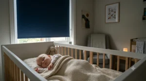 An illustration of a calm, sleeping infant in a dark nursery, demonstrating the benefits of choosing the right blackout blinds.