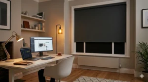 A tidy UK home office setup showing a computer desk next to a window with navy blue blackout roller blinds preventing screen glare.