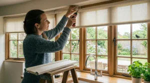 Simple installation of waterproof roller blinds in a kitchen window frame.