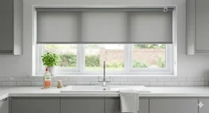 Waterproof and moisture-resistant made to measure roller blind in a modern grey kitchen fitted above a sink.