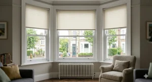 Three individual cream made to measure roller blinds fitted precisely into a classic Victorian bay window.