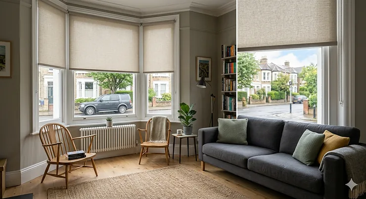 Beige made to measure roller blinds pulled halfway down a large window next to a living room armchair with a green cushion.