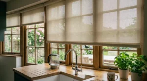 Stylish made-to-measure waterproof roller blinds installed in a kitchen window.