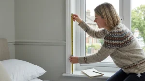 A person using a metal tape measure to correctly size a window for new blackout roller blinds.