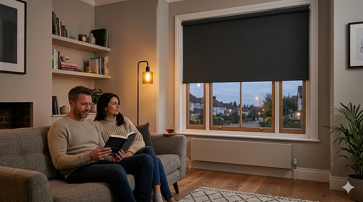 A contemporary British living room featuring sleek, dark grey blackout roller blinds fitted perfectly inside a large window recess, casting soft natural light across a minimalist interior.