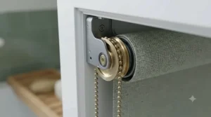 Detailed view of the rust-resistant hardware on a bathroom roller blind.