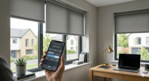A hand holding a remote control operating electric or motorised made to measure roller blinds in a home office.
