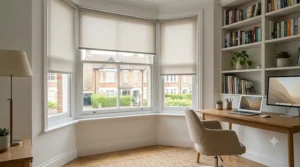 Bright home office space with neutral-coloured thermal roller blinds to reduce glare and improve energy efficiency.
