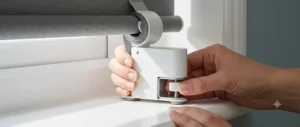 Close-up showing a hand securing a white no-drill clamp-fit bracket to a window frame.