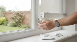 Close-up macro photograph of a hand clipping a specialized no-drill mounting bracket to a white uPVC window frame, following an instruction booklet for easy-fit roller blinds.