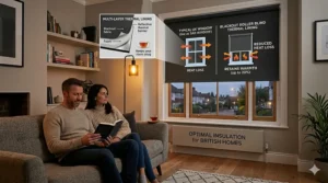 Technical illustration demonstrating how thermal-backed blackout roller blinds prevent heat loss through double-glazed windows during winter.