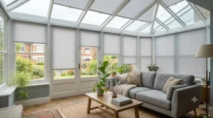 High-quality thermal roller blinds used in a conservatory to regulate temperature year-round.