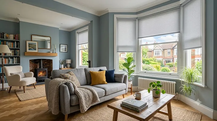 Modern living room featuring energy-efficient thermal roller blinds to keep the home warm.