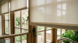 Close-up of moisture-resistant roller blind fabric near a kitchen sink.