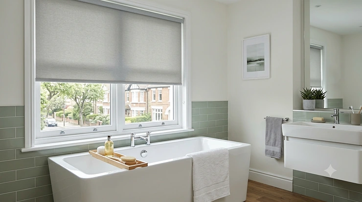 Stylish waterproof roller blinds installed in a modern UK bathroom, resistant to moisture and steam. waterproof roller blinds for bathroom
