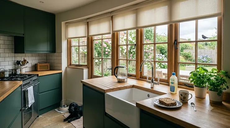 Modern kitchen featuring waterproof roller blinds in a neutral grey finish. waterproof roller blinds for kitchen