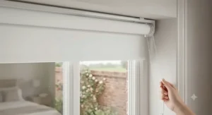 Close-up photorealistic detail of a crisp white easy fit roller blind seamlessly installed in a kitchen window recess.
