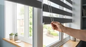 Hand pulling a side chain to adjust the light filtering on day and night roller blinds