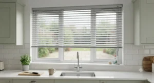 Slimline aluminium mini venetian blinds installed on a contemporary UK kitchen window