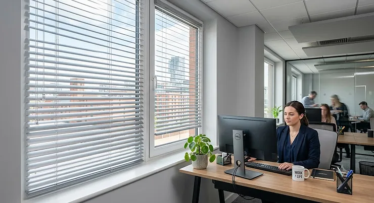 Modern aluminium venetian blinds installed in a bright, professional UK office environment.