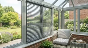 Stylish anthracite grey aluminium venetian blinds adding a modern touch to a conservatory window.