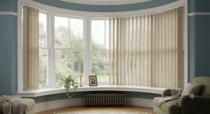 Neutral beige textured replacement vertical blind slats fitted neatly inside a traditional British bay window.