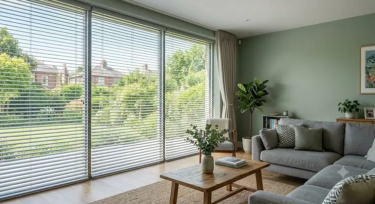 A bright, modern living room featuring bespoke aluminium venetian blinds fitted to large windows.
