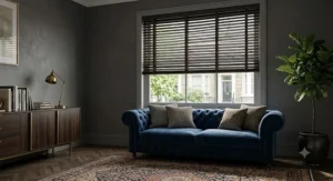 Elegant, dark stained wooden Venetian blinds providing privacy and a sophisticated look in a modern British living room.