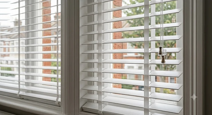 Close-up of bespoke made-to-measure venetian blinds fitted perfectly in a UK home window frame. best venetian blinds
