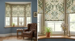Made-to-measure patterned roller blinds fitted in a traditional bay window