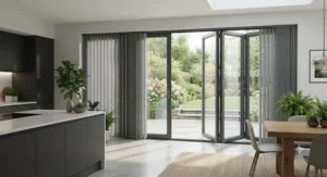 Bespoke vertical blinds tailored for wide bifold patio doors in a modern extension, seamlessly blending style and functionality.