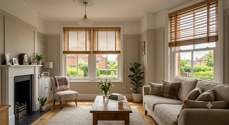 A bright UK living room featuring bespoke wooden venetian blinds fitted to large sash windows.