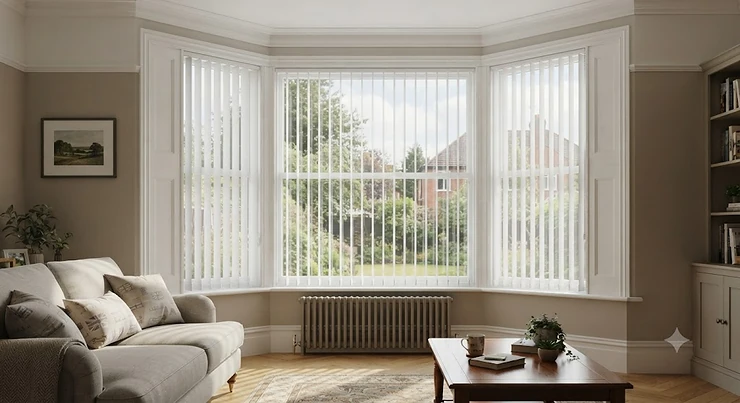 Modern white vertical blinds fitted in a British living room bay window, offering stylish light control.